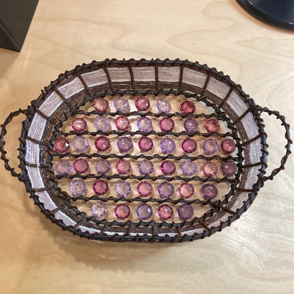 Jeweled/beaded metal footed basket with handles